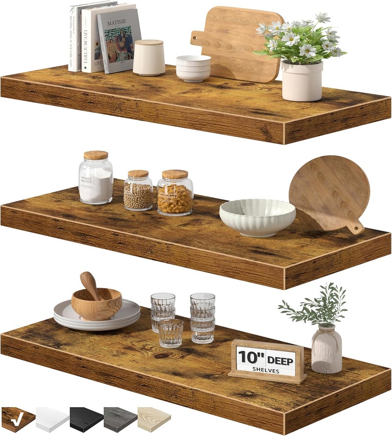 QEEIG 10" Deep Floating Shelves for Wall - 10 x 24 inch Book Shelf Bathroom Bedroom Kitchen Living Room Hanging Bookshelf Farmhouse Set of 3, Rustic Brown (025-60BN3) - Image 1